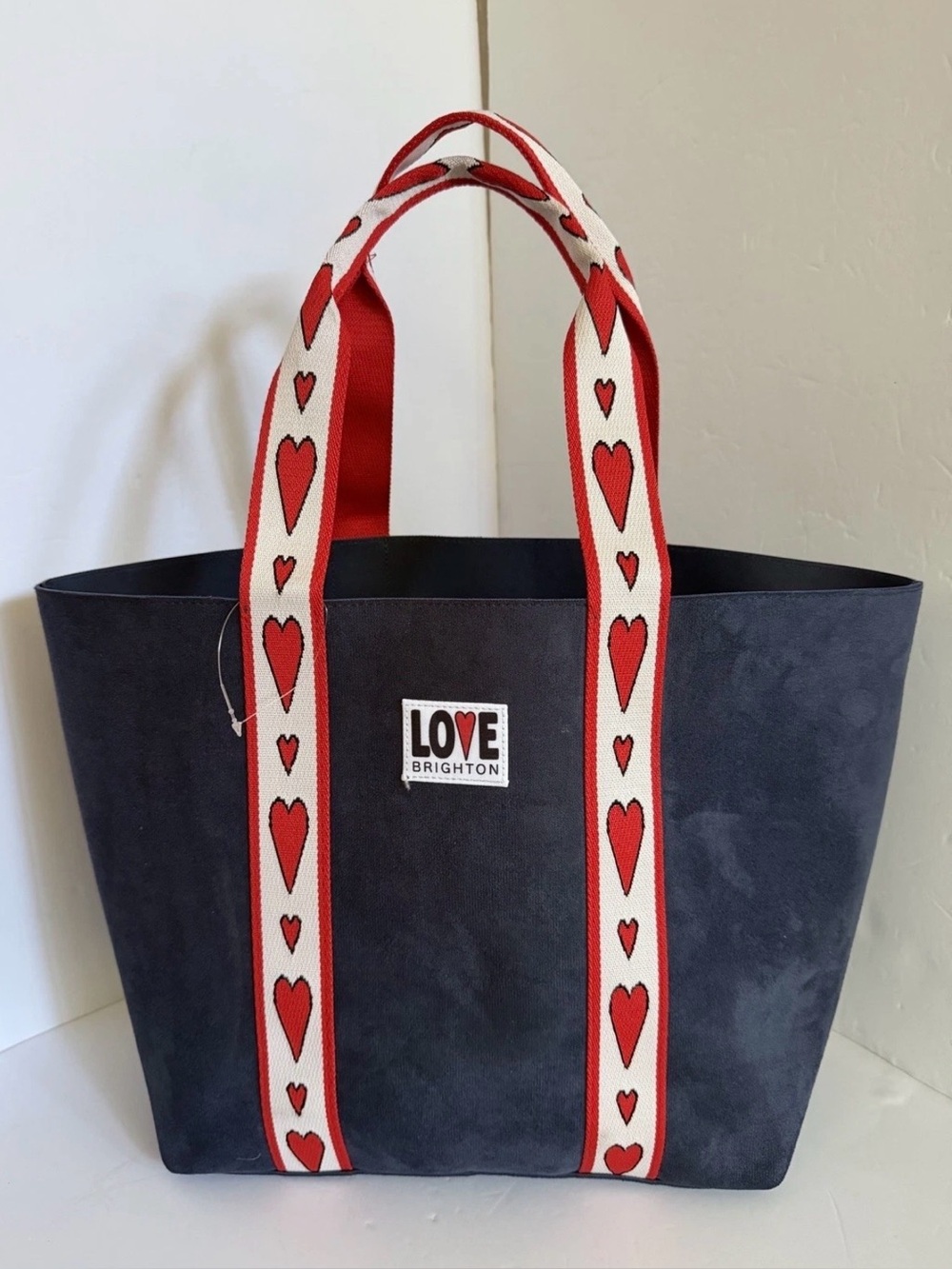 Brighton Velveteen “Love Tote” Navy Blue with White Heart printed straps NWOT